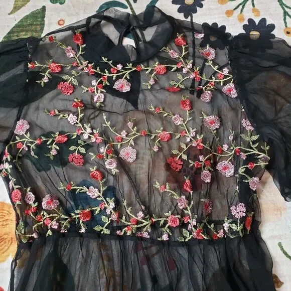Black Mesh Babydoll Dress w/Floral Embroidery 1x Garden Party/Whimsygoth - Picture 6 of 6